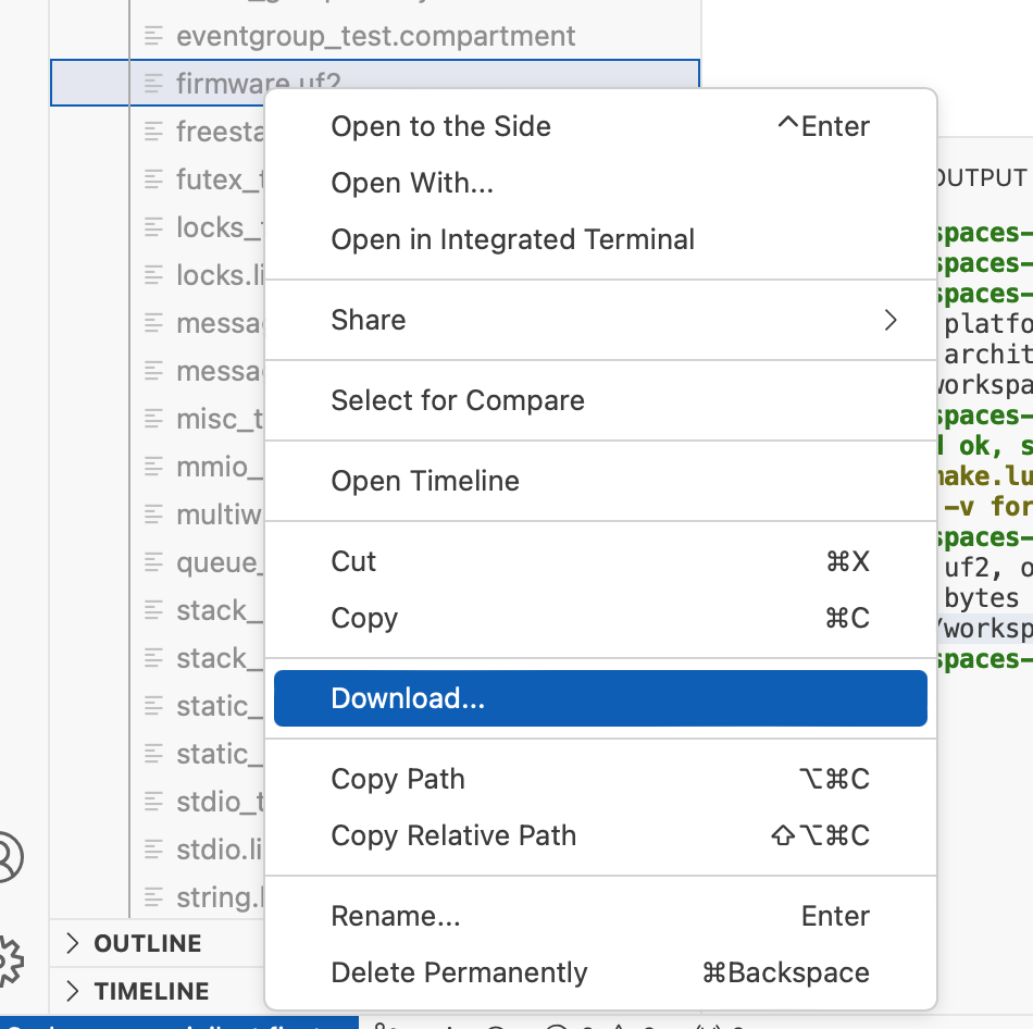 Screenshot of the download menu item in a GitHub Codespace